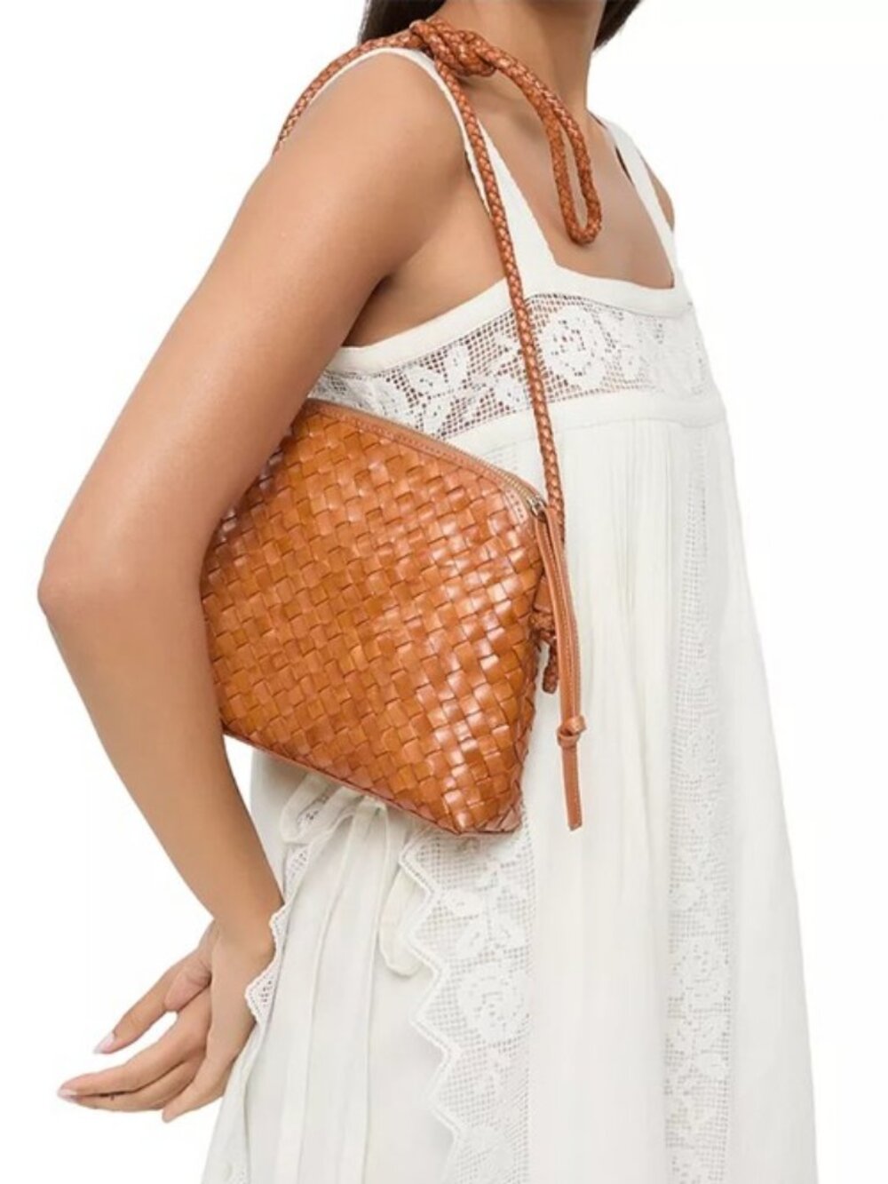 LOEFFLER RANDALL Mallory Tan Leather Woven Crossbody Bag